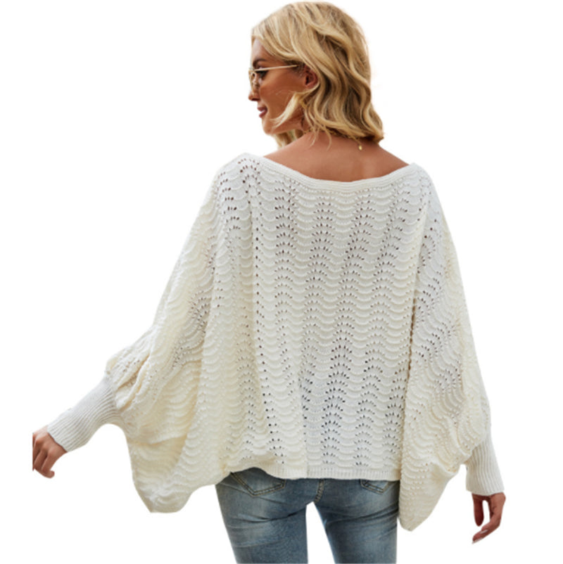 Hollow Out Batwing Sleeve White Women Knitted Sweater