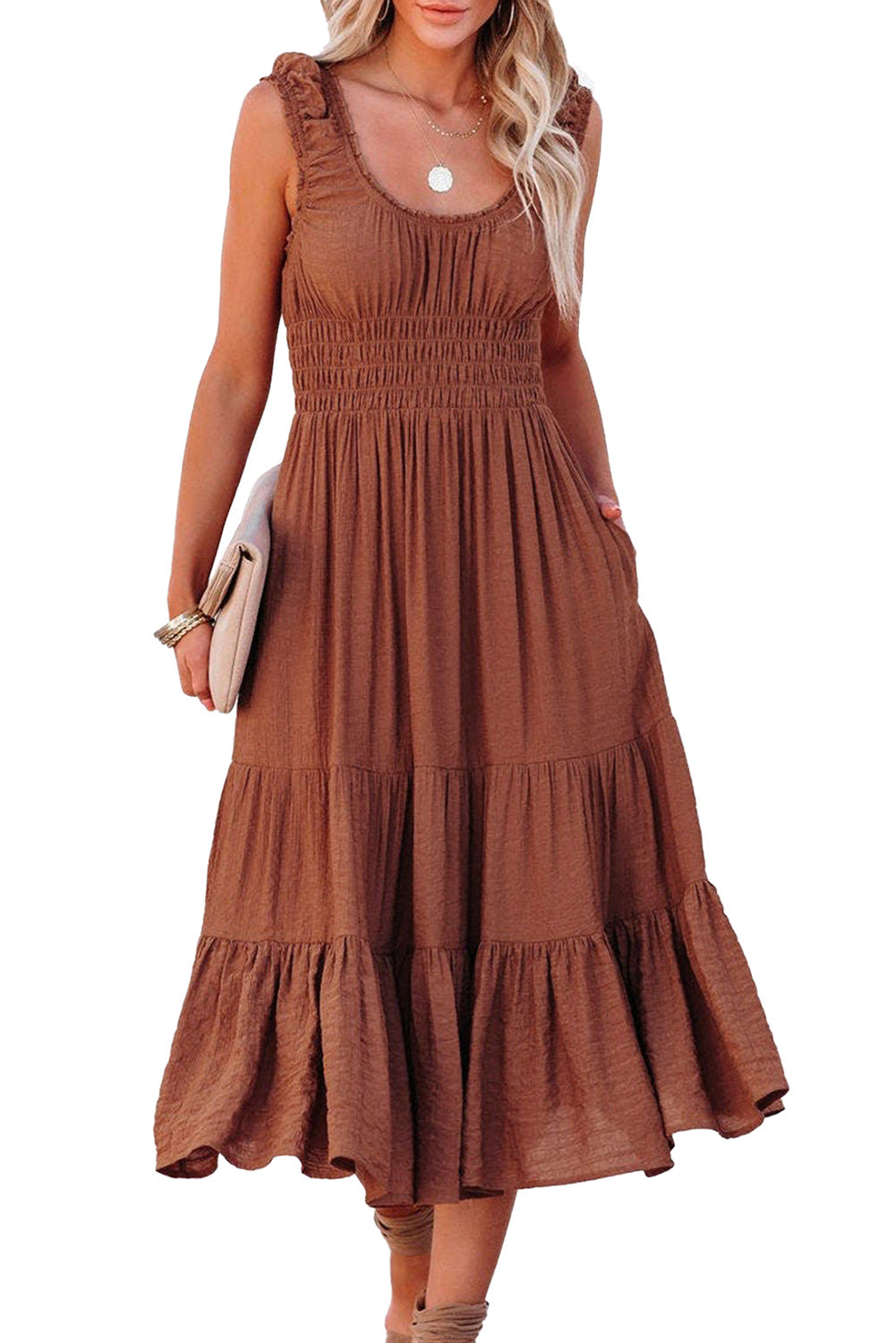 Brown Smocked Ruched Sleeveless High Waist Midi Dress