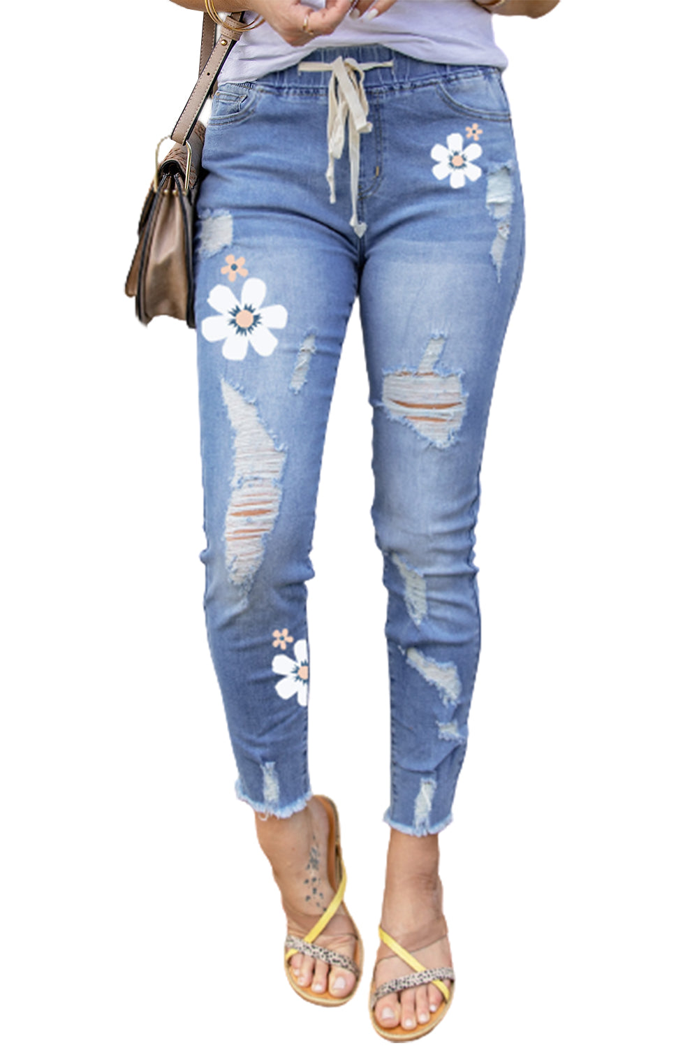 Sky Blue Floral Print Distressed Drawstring High Waist Ankle Jeans