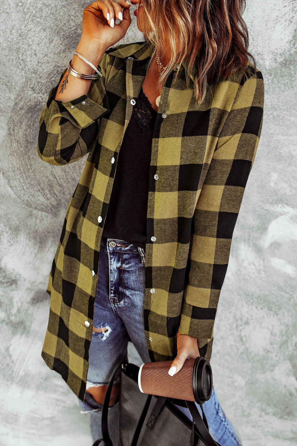 Yellow Turn-down Collar Plaid Shirt Coat