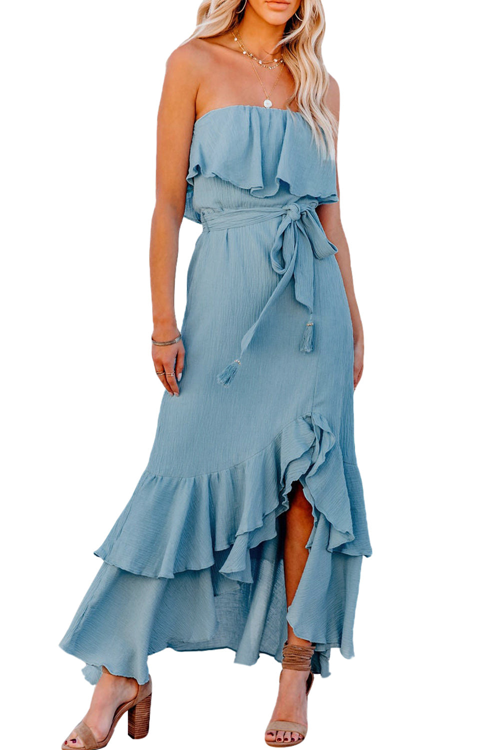 Sky Blue Off Shoulder Ruffled High Low Drawstring High Waist Maxi Dress