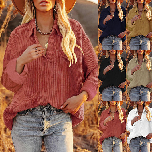 Casual Corduroy Lapel Loose Solid Color Button Down Shirt Long Sleeve Women