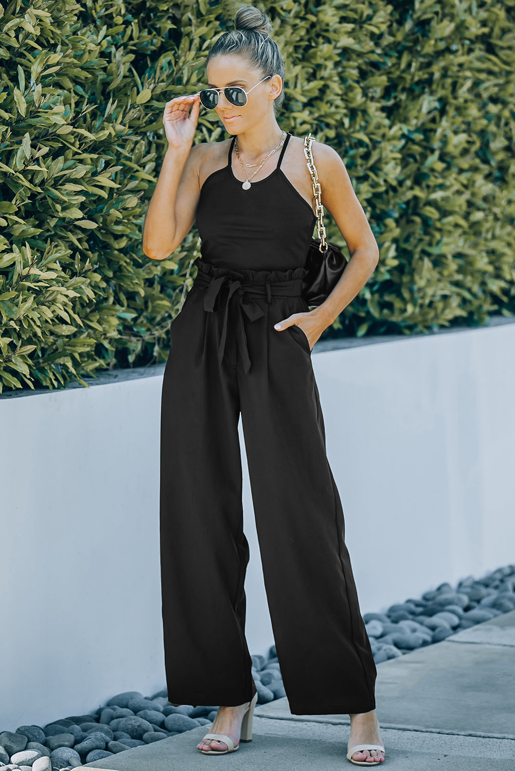 Black Frilled High Waist Wide Leg Pants