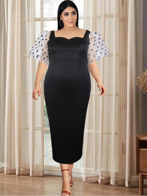 Black Dress Women Plus Size Office Lady Dot Short Puffl Sleeve Outfits