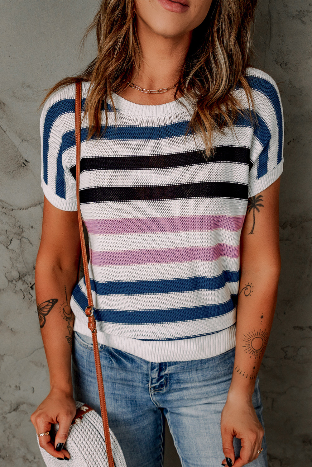 Short Sleeves Crew Neck Striped Knitted Top