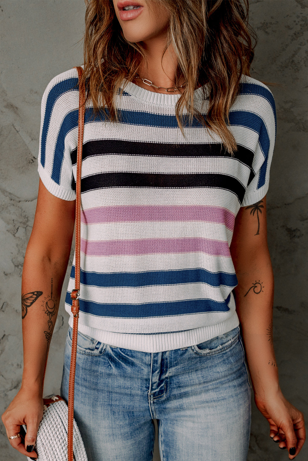 Short Sleeves Crew Neck Striped Knitted Top