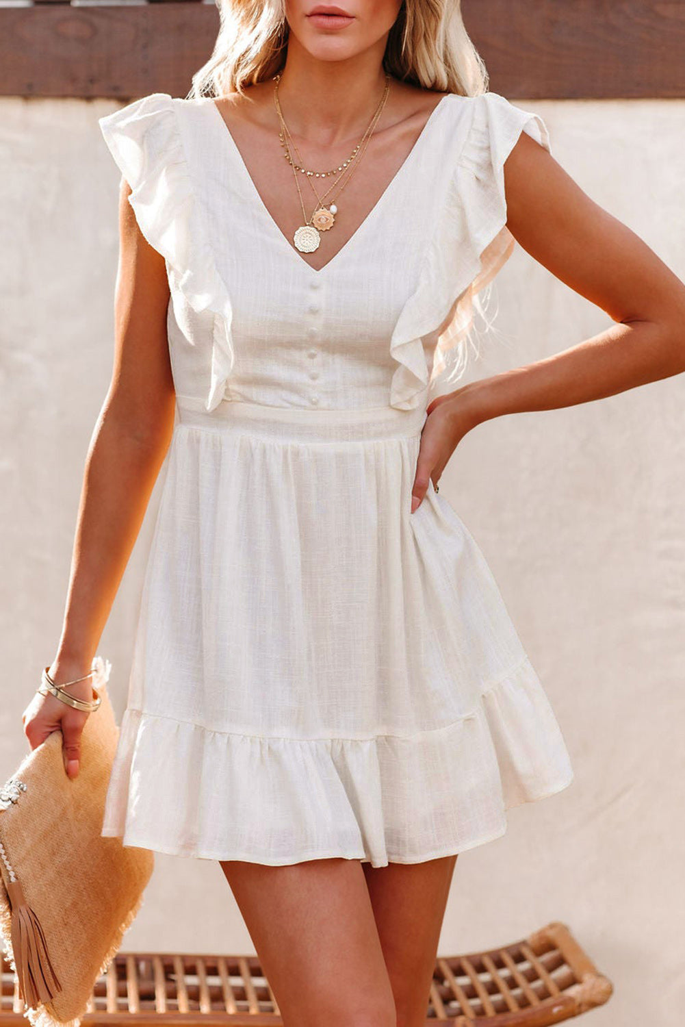 White V Neck Ruffles Open Back A-line Mini Dress