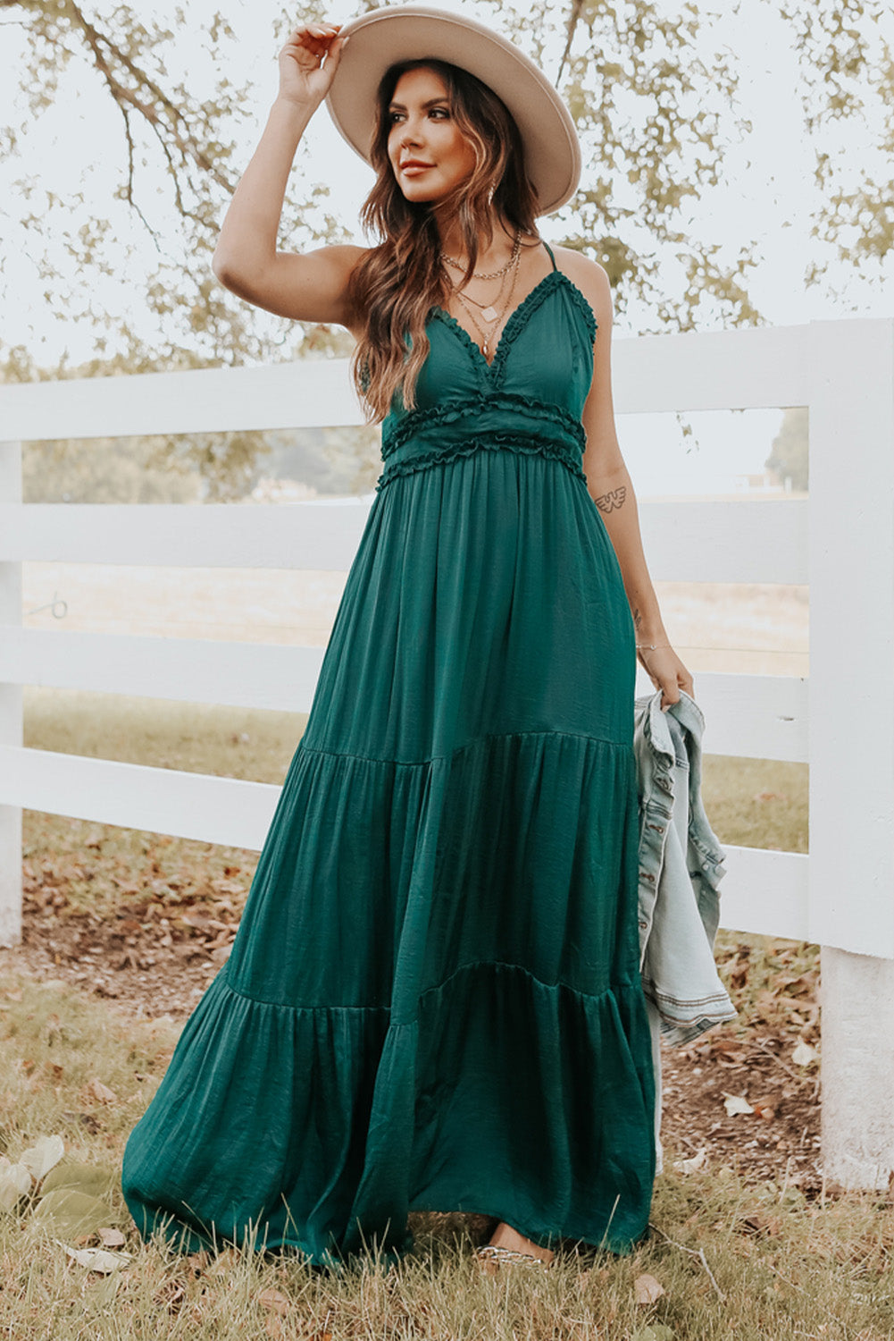 Green Cross Back Frilled Sleeveless Tiered Maxi Dress