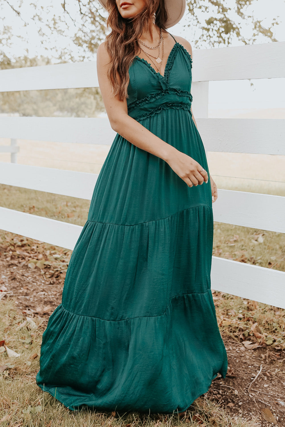 Green Cross Back Frilled Sleeveless Tiered Maxi Dress