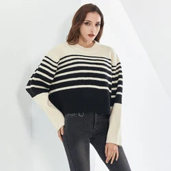 O Neck Long Sleeve Striped Sweaters Women Jumper