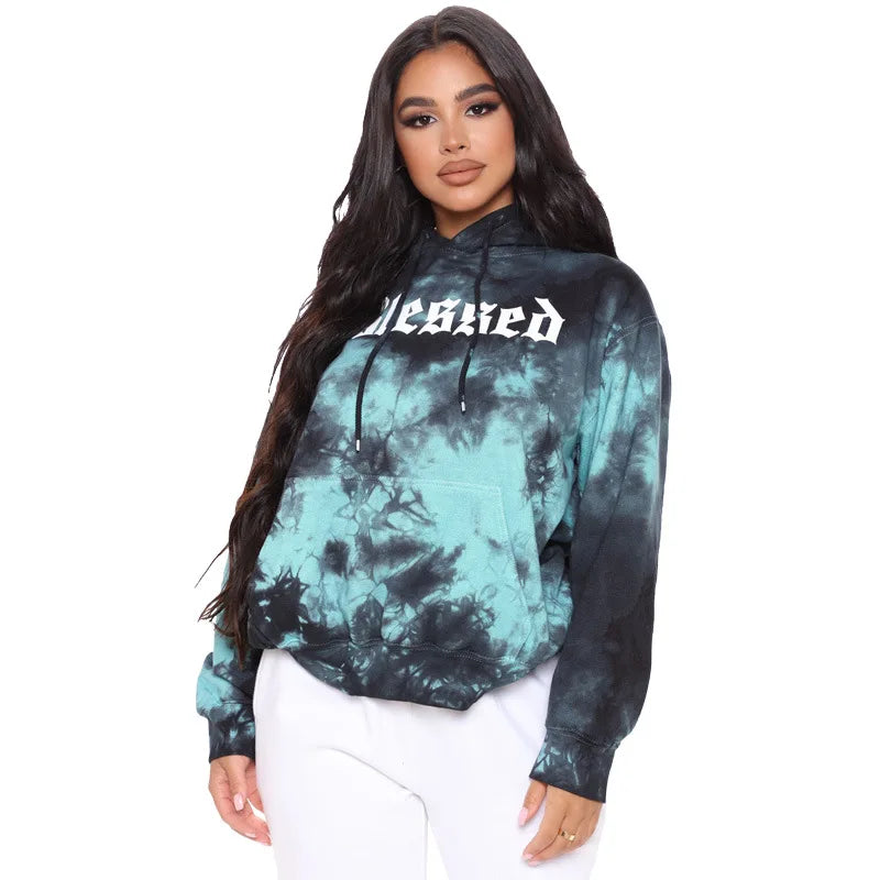 Autumn winter Tie dyed printed plus size women's fleece hooded sweatshirts