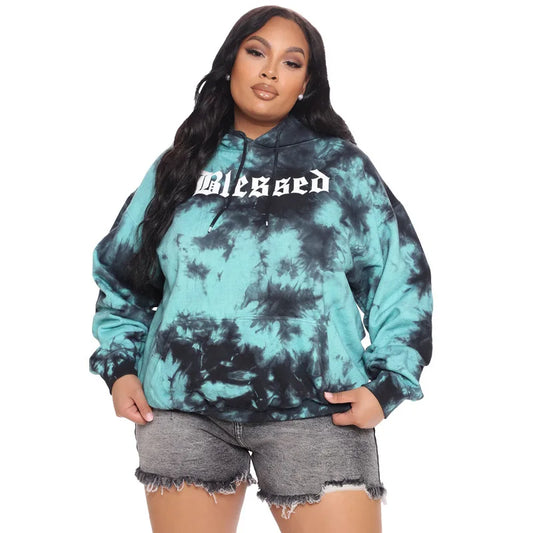 Autumn winter Tie dyed printed plus size women's fleece hooded sweatshirts