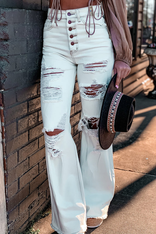 White Light Washed Distressed Slits Button Fly Flare Jeans 