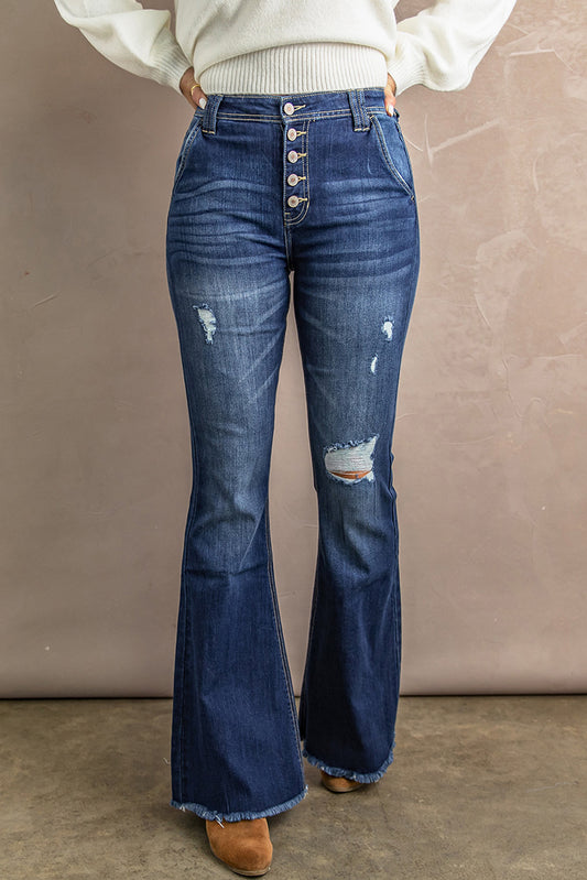 Raw Hem Distressed Button Fly High Rise Flare Jeans