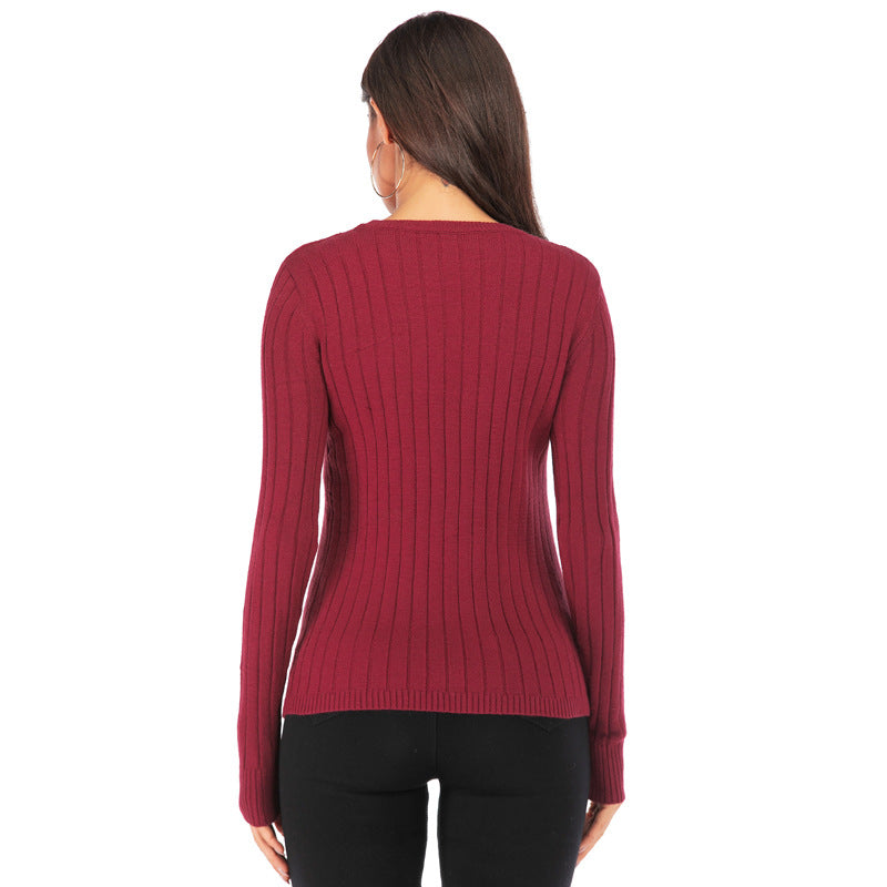 Knitted Pullover Bottoming Shirt Pure Color Tight Stretch Sweater Long-sleeved Women Blouse