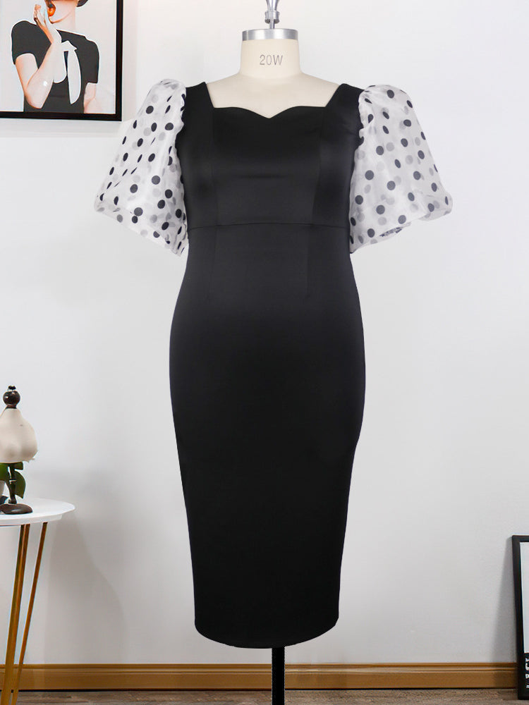 Black Dress Women Plus Size Office Lady Dot Short Puffl Sleeve Outfits