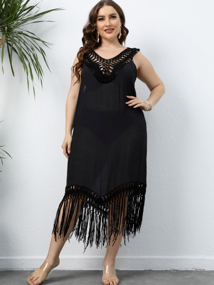 Beach Holiday Dresses Plus Size Sleevelss Fringe Midi Dress