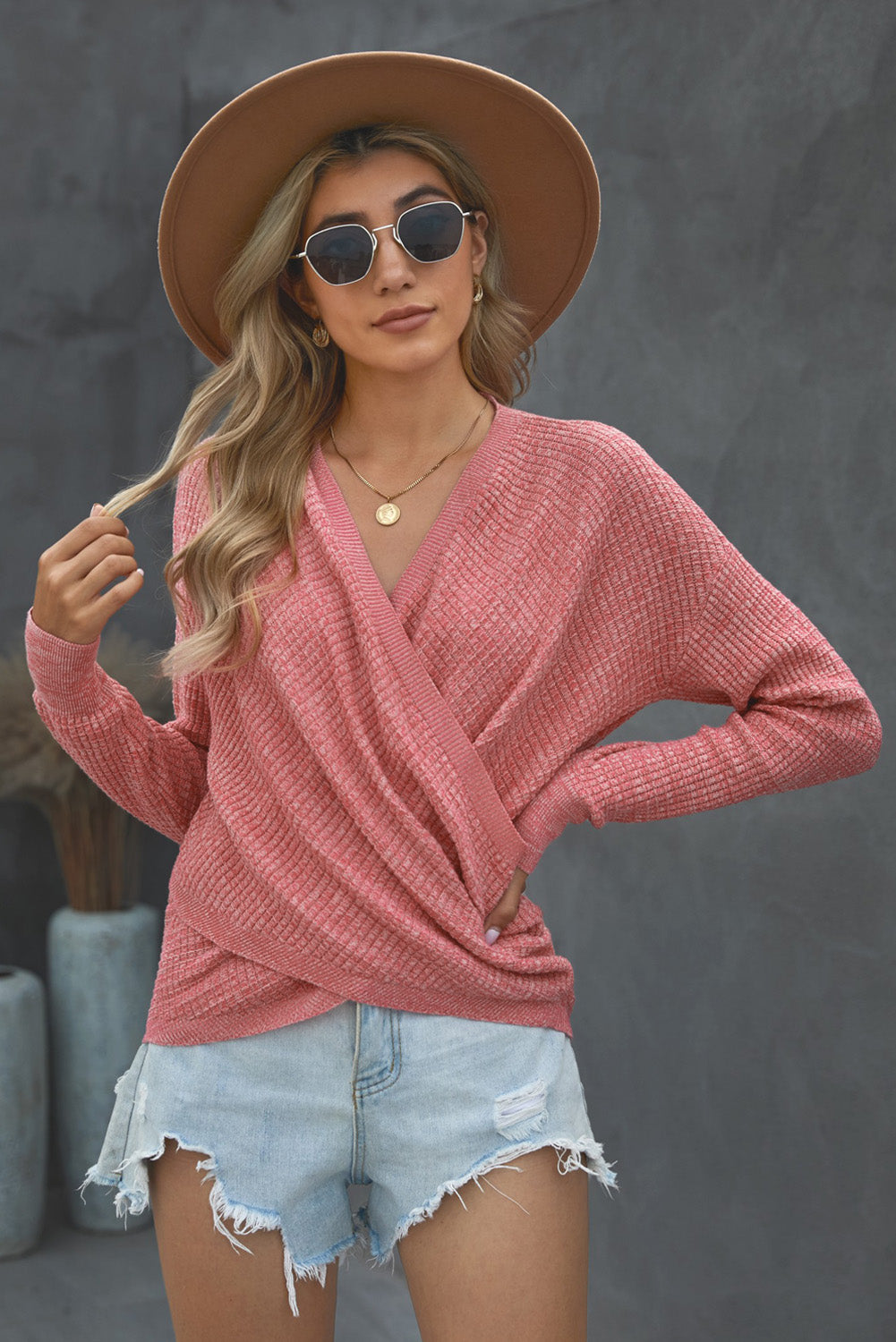 Pink Deep V-neck Long Sleeve Knit Sweater