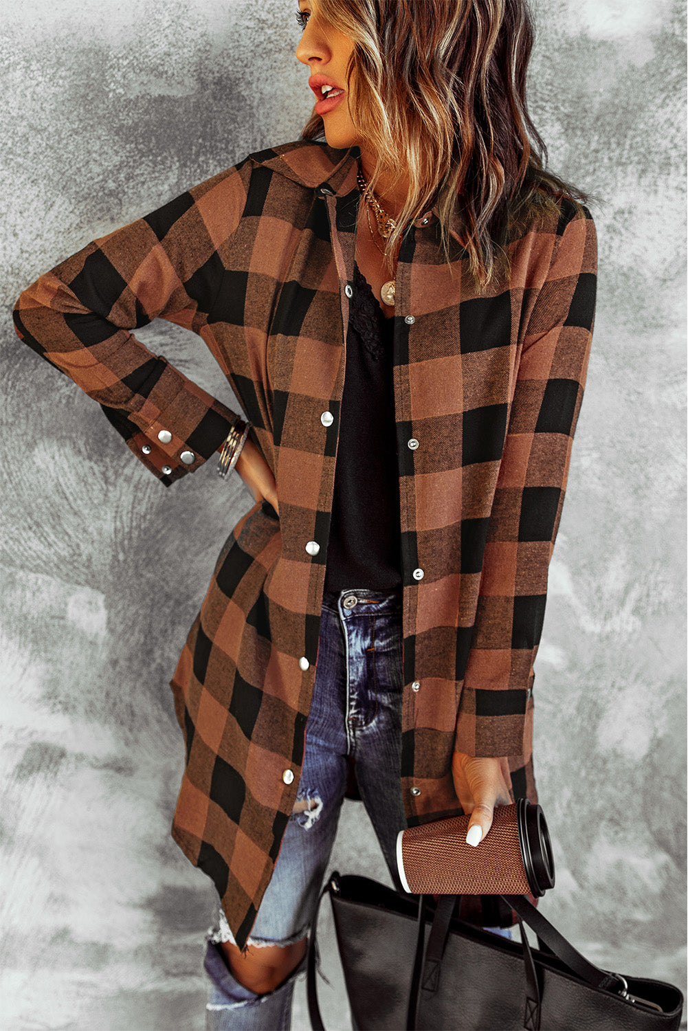 Yellow Turn-down Collar Plaid Shirt Coat