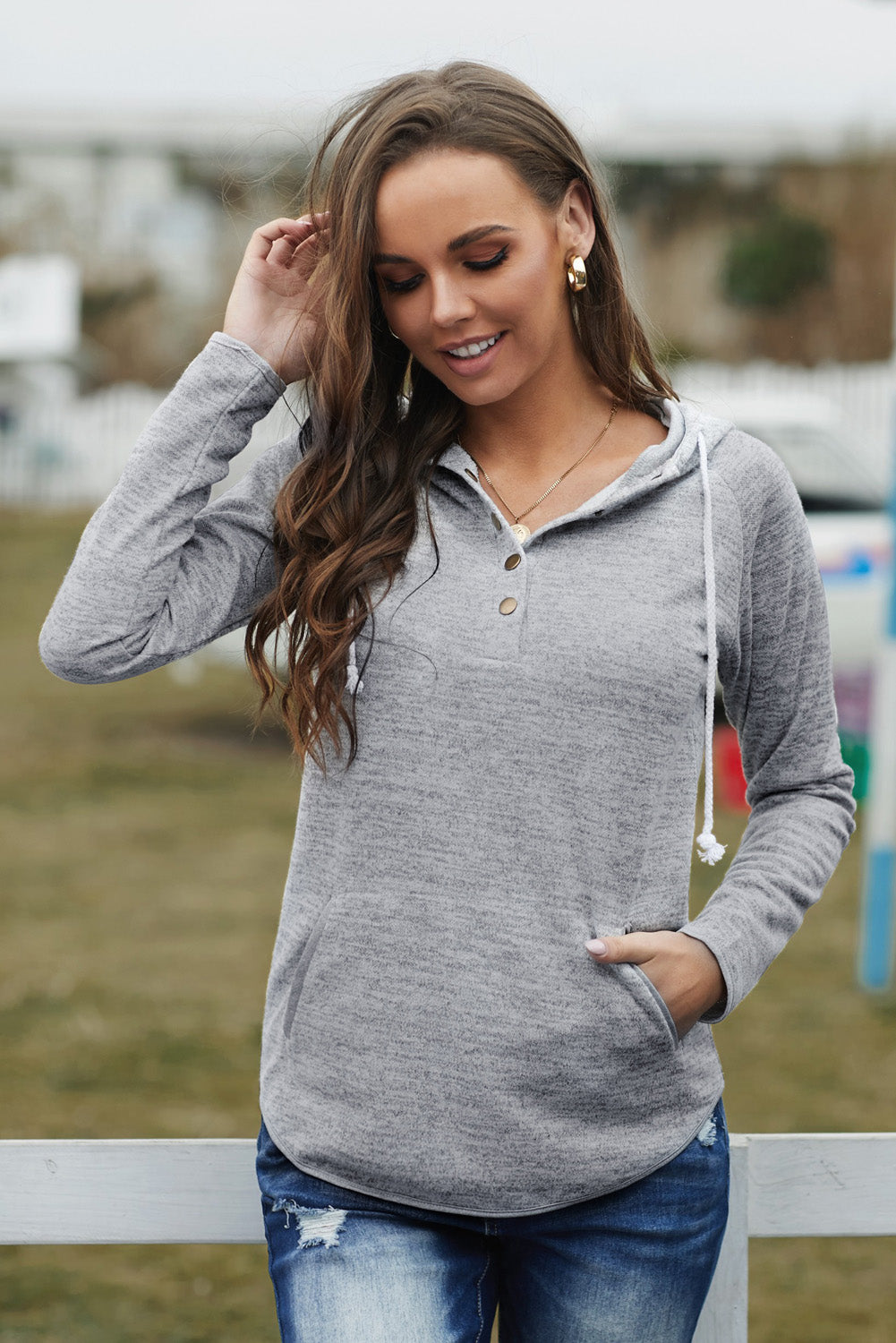 Black Buttoned Neck Hooded Sweatshirt