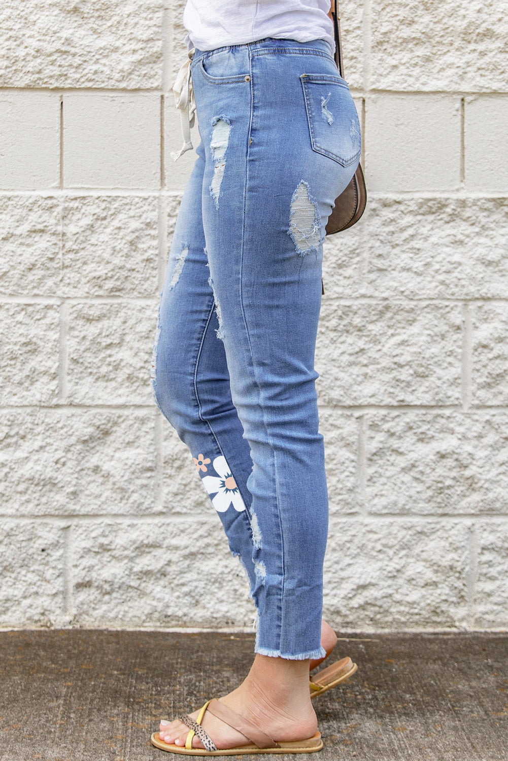 Sky Blue Floral Print Distressed Drawstring High Waist Ankle Jeans