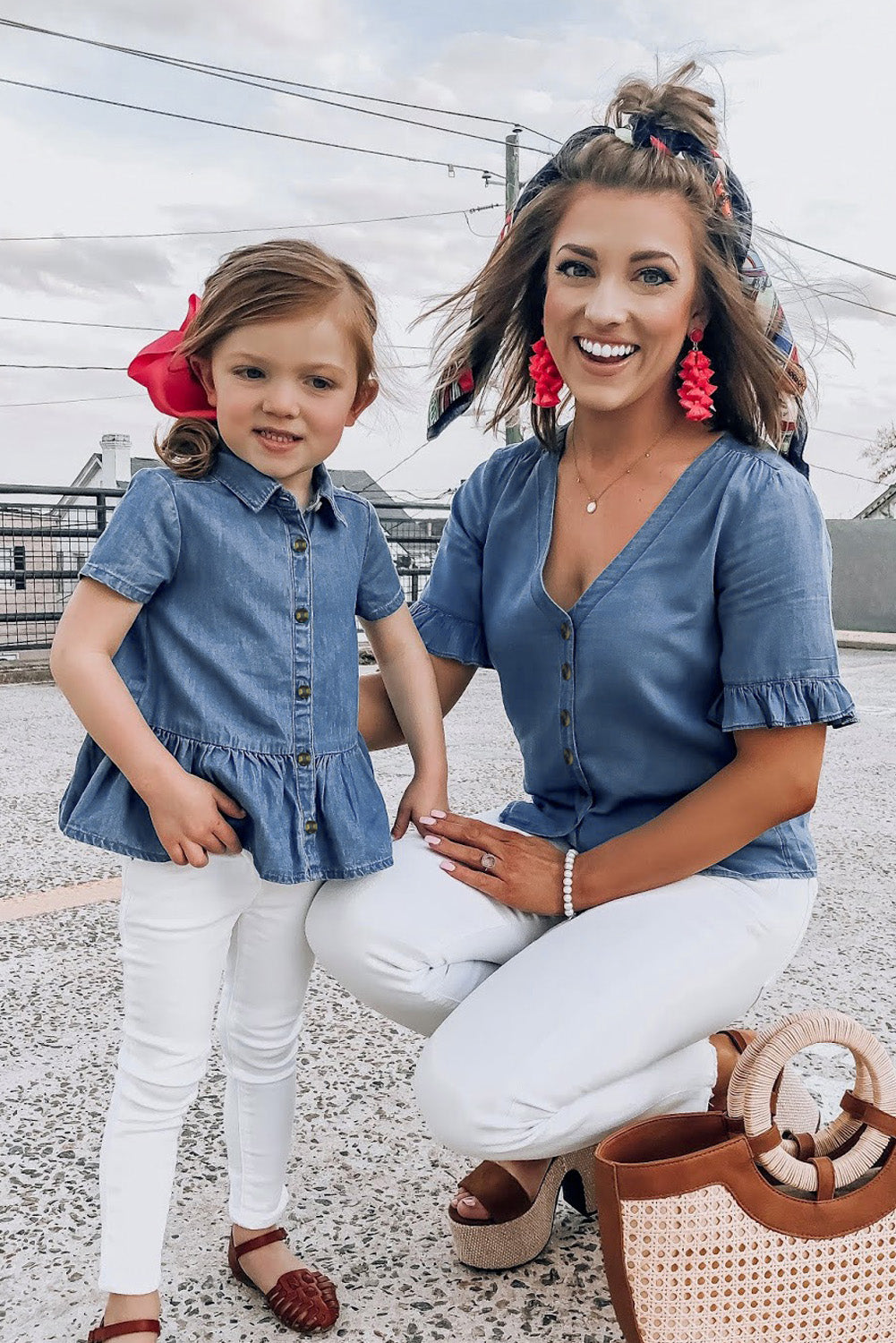 Family Matching Outfit V Neck Ruffled Sleeves Denim Top