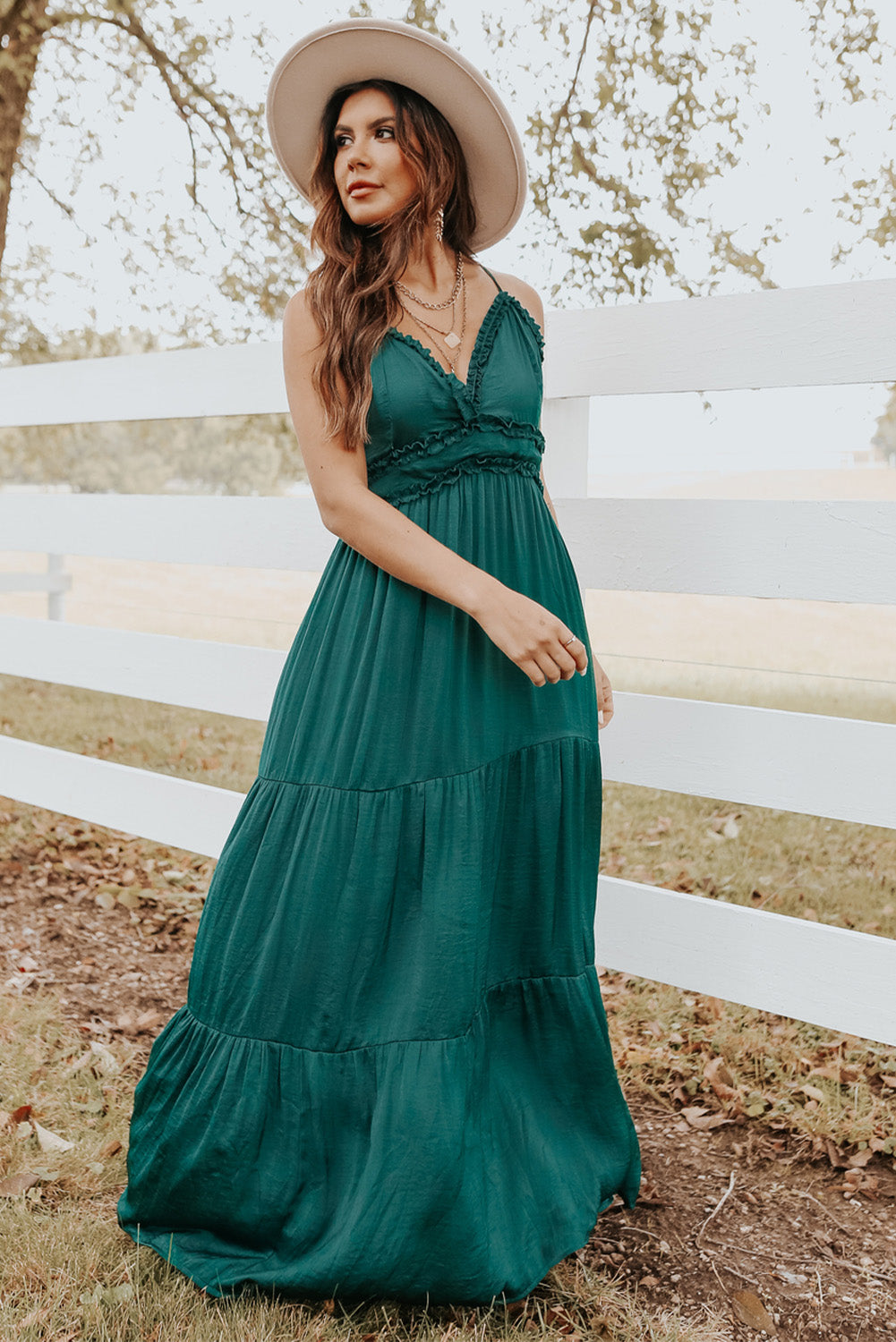 Green Cross Back Frilled Sleeveless Tiered Maxi Dress