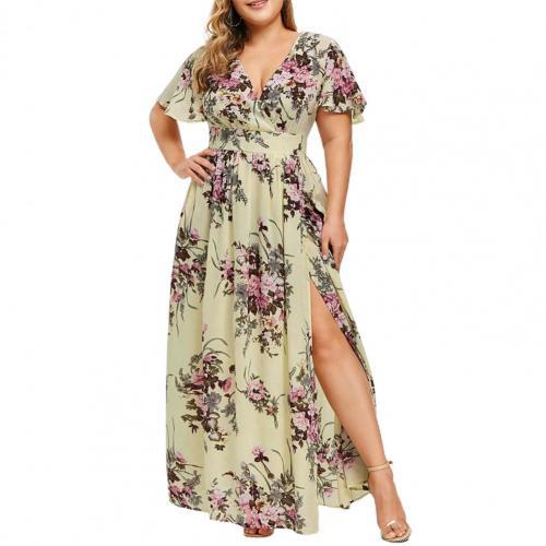 Short Sleeve Maxi Dress Flower Print Long Dress Beachwear