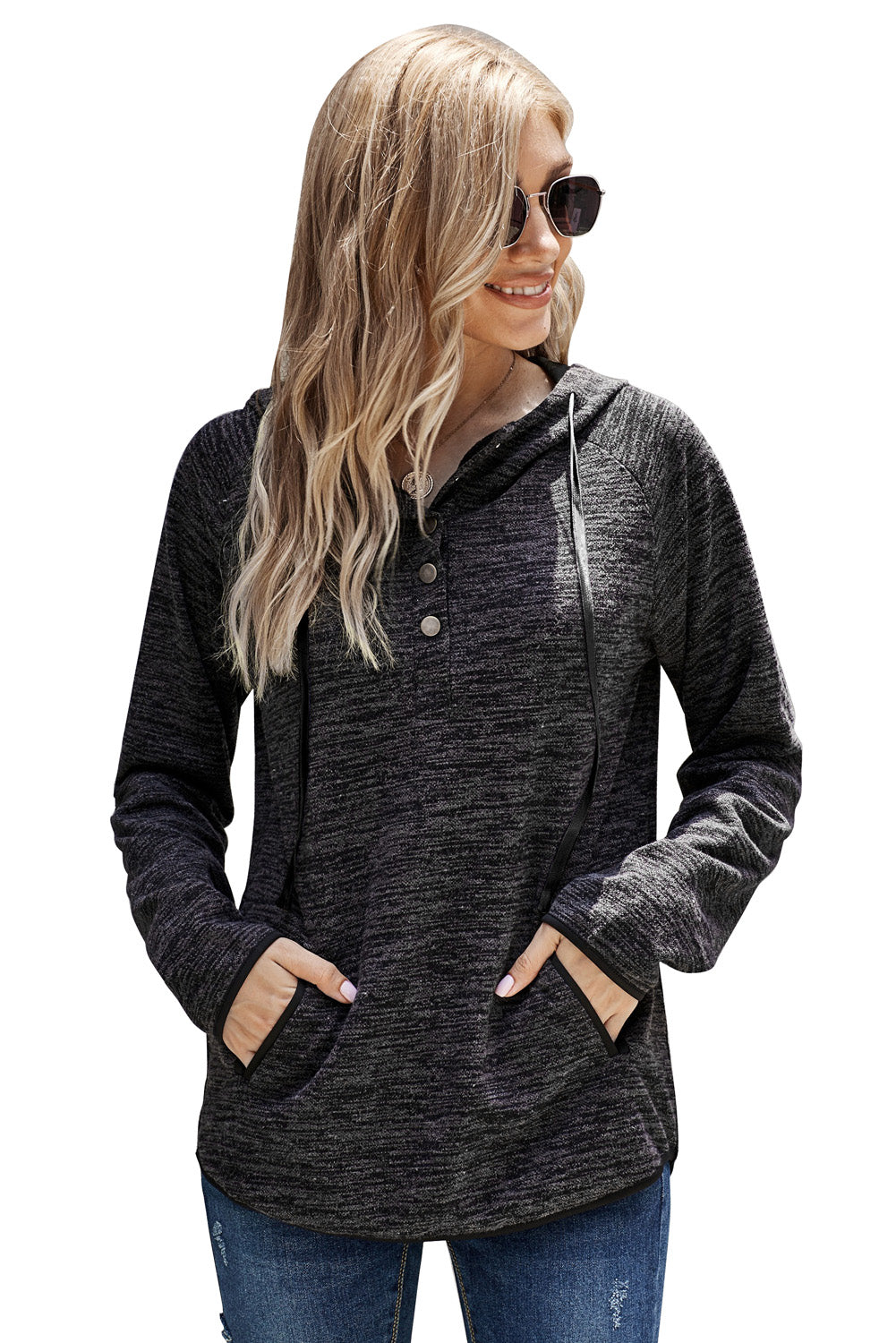 Black Buttoned Neck Hooded Sweatshirt