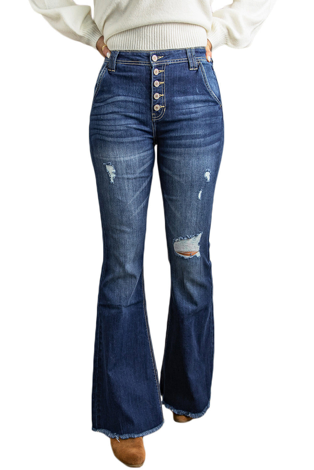 Raw Hem Distressed Button Fly High Rise Flare Jeans