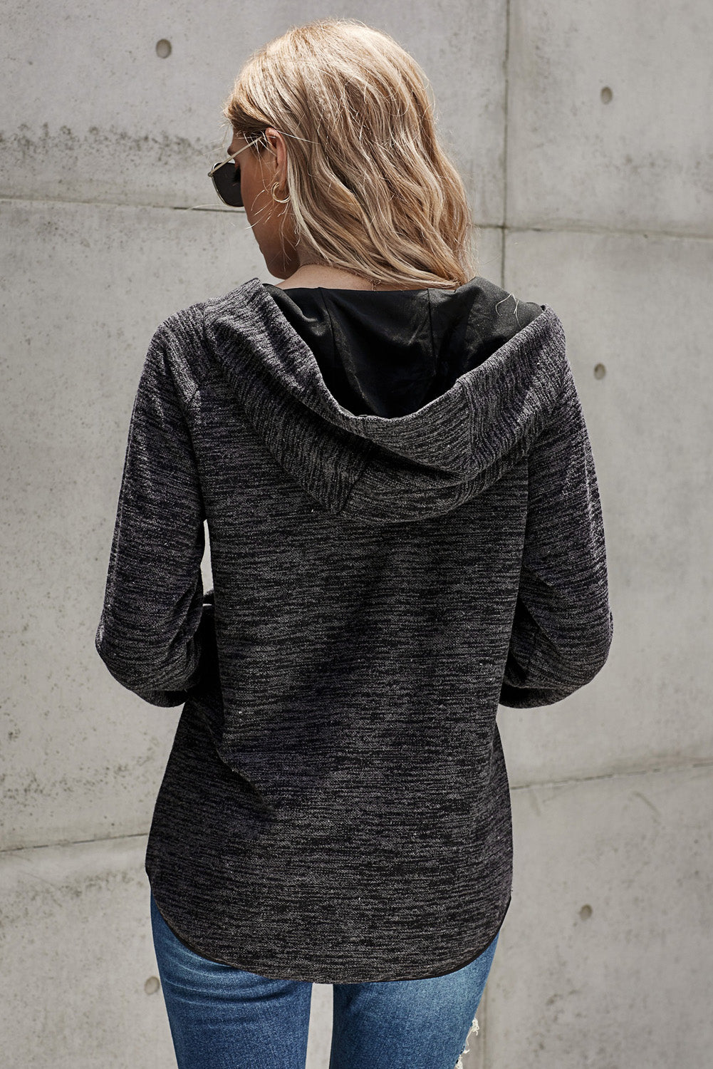 Black Buttoned Neck Hooded Sweatshirt