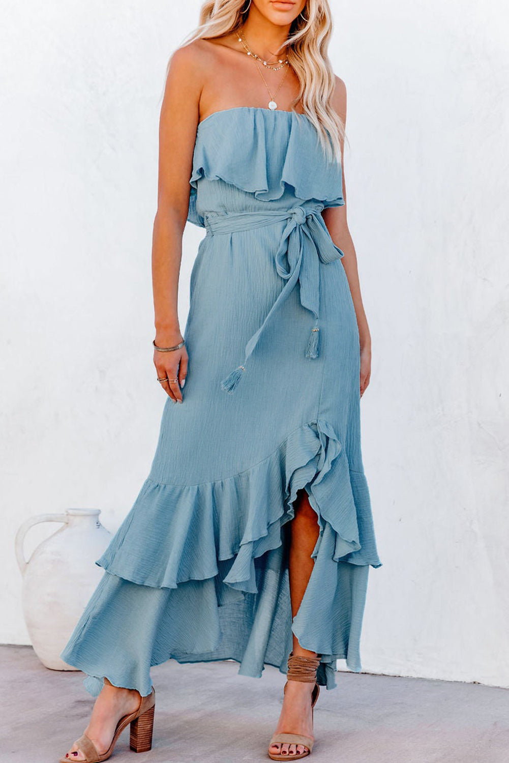 Sky Blue Off Shoulder Ruffled High Low Drawstring High Waist Maxi Dress