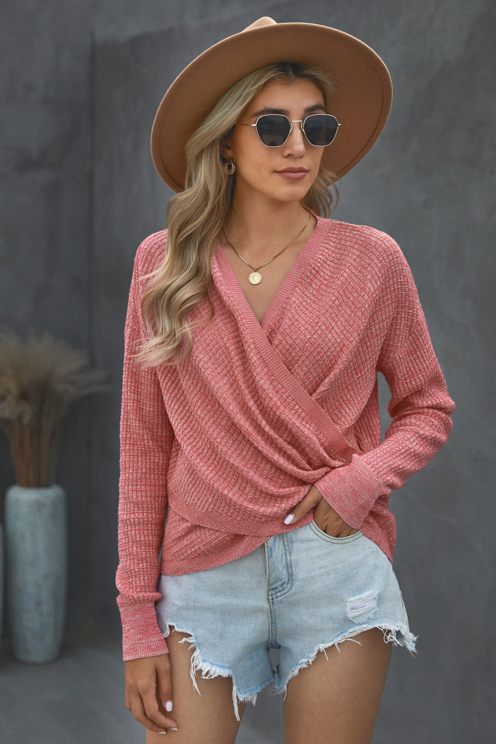 Pink Deep V-neck Long Sleeve Knit Sweater