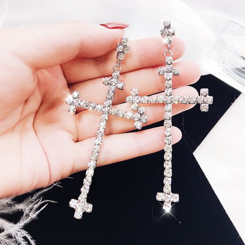 Women Cubic Zirconia Cross Drop Earrings