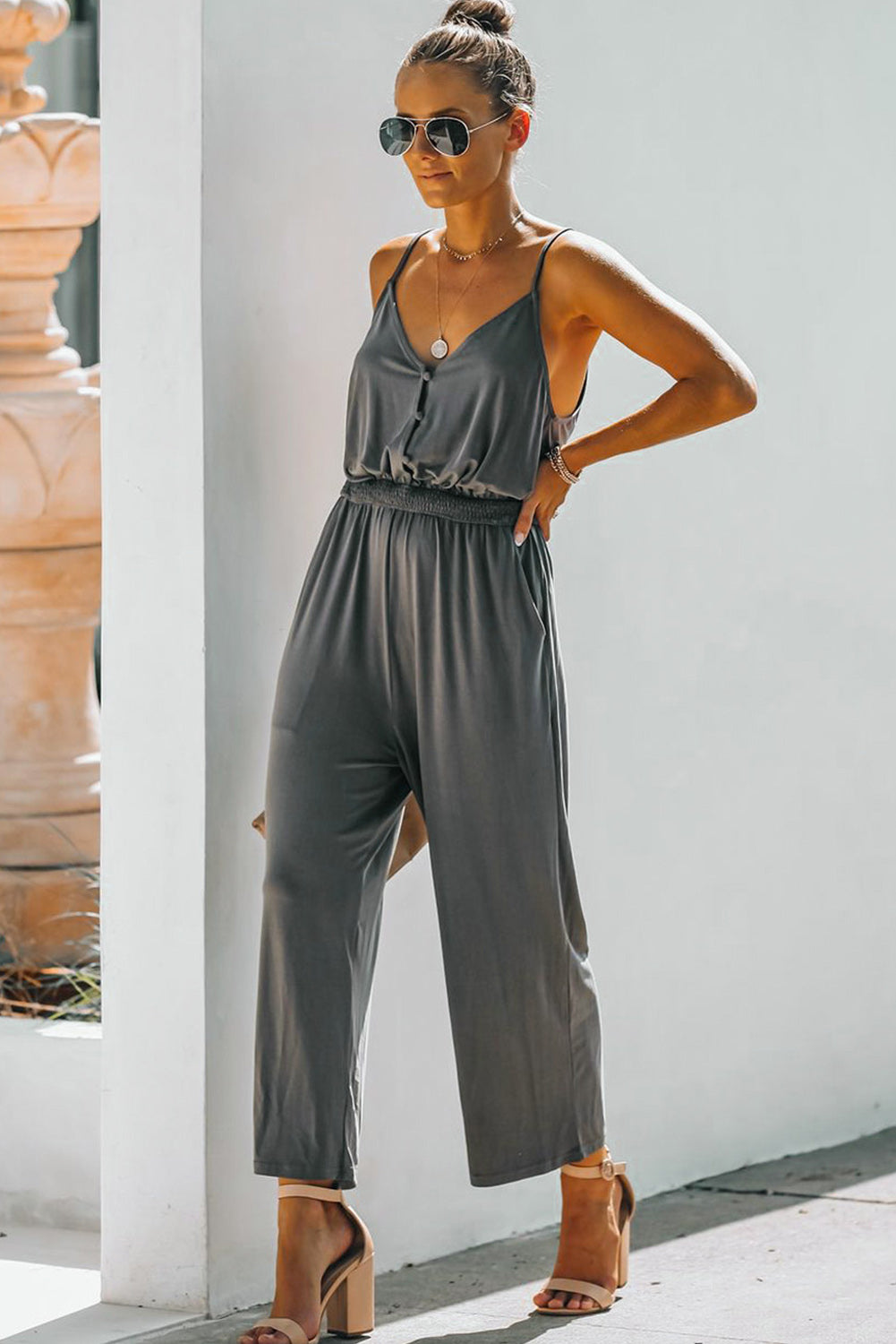 Gray Pocketed Spaghetti Straps Jumpsuit