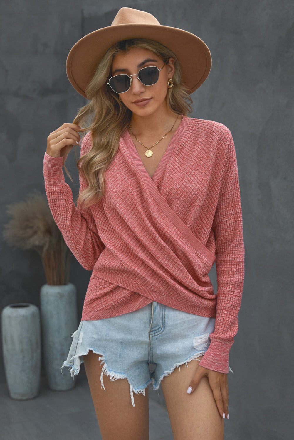 Pink Deep V-neck Long Sleeve Knit Sweater