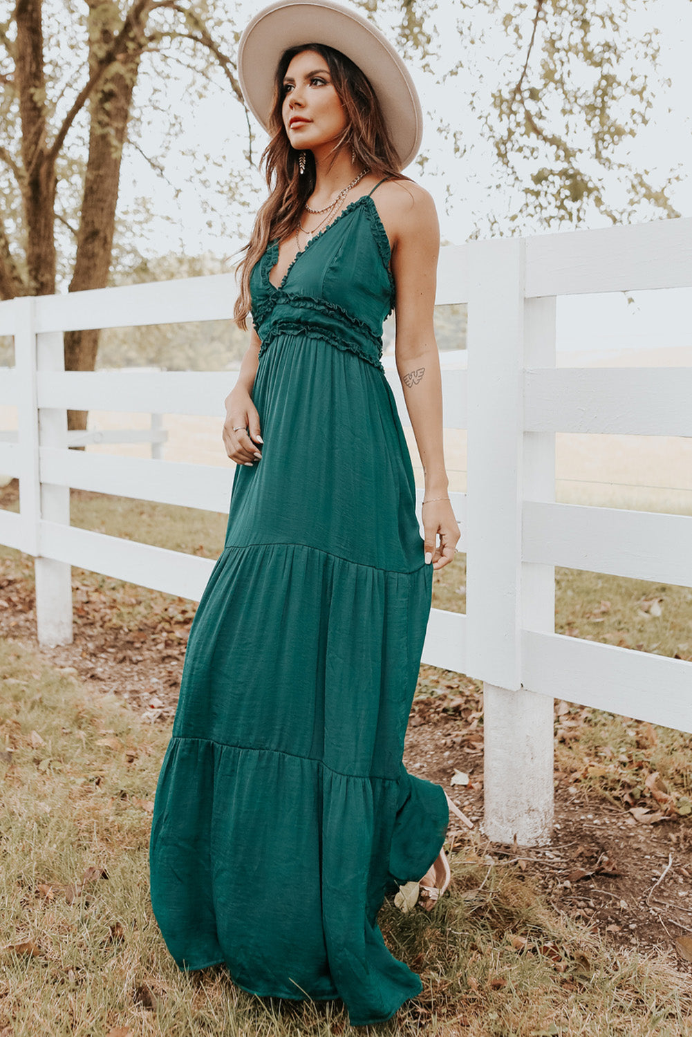 Green Cross Back Frilled Sleeveless Tiered Maxi Dress