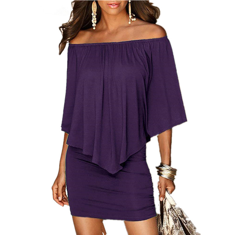 Women Off Shoulder Summer Solid Bat Sleeve Dress