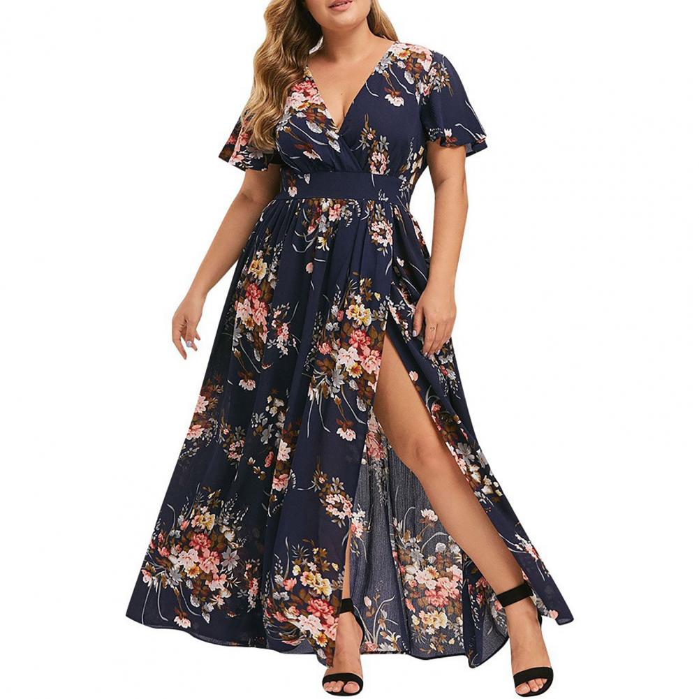 Short Sleeve Maxi Dress Flower Print Long Dress Beachwear