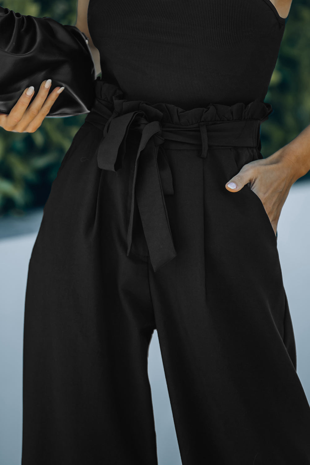 Black Frilled High Waist Wide Leg Pants