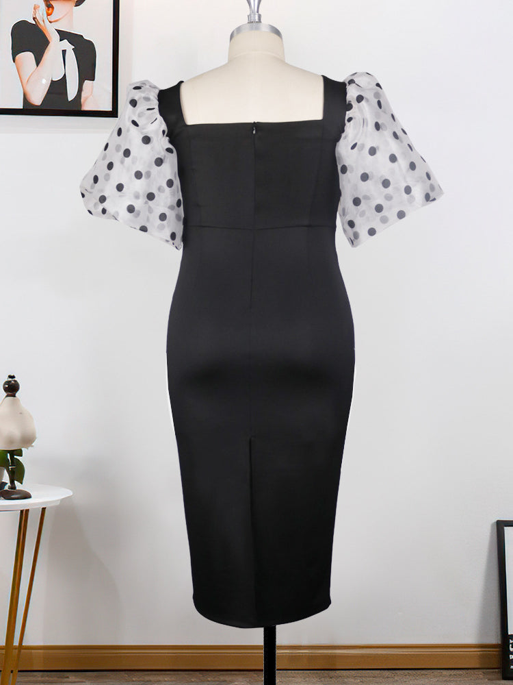 Black Dress Women Plus Size Office Lady Dot Short Puffl Sleeve Outfits