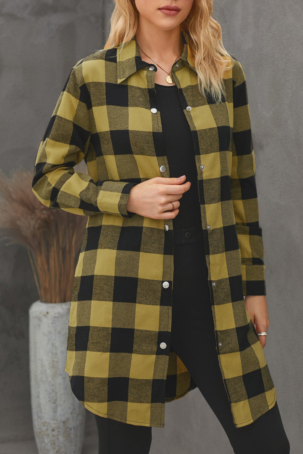 Yellow Turn-down Collar Plaid Shirt Coat