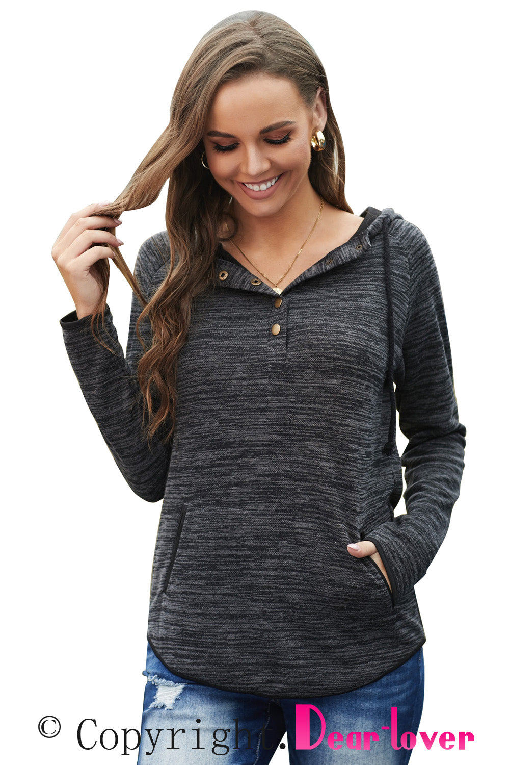 Black Buttoned Neck Hooded Sweatshirt