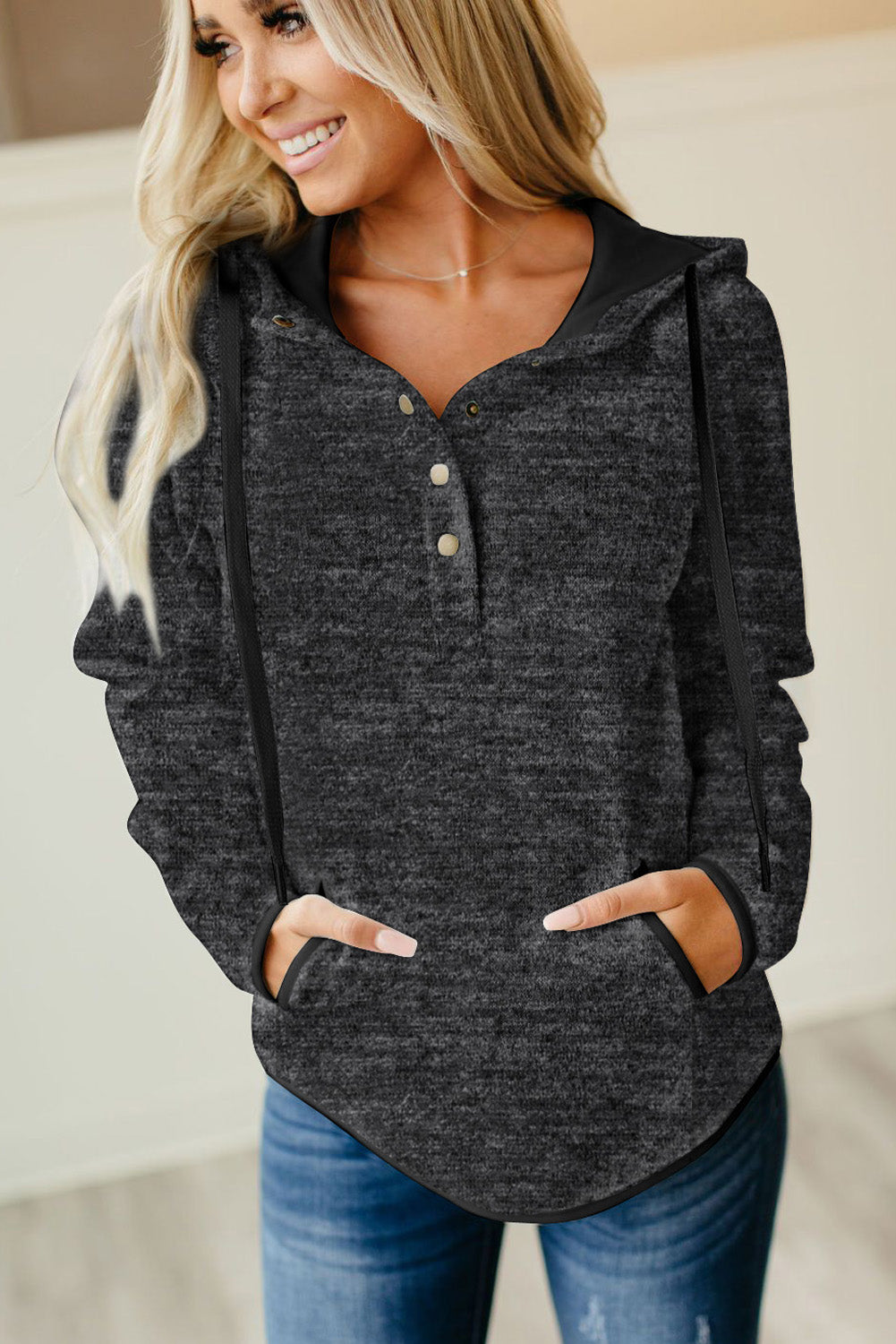 Black Buttoned Neck Hooded Sweatshirt