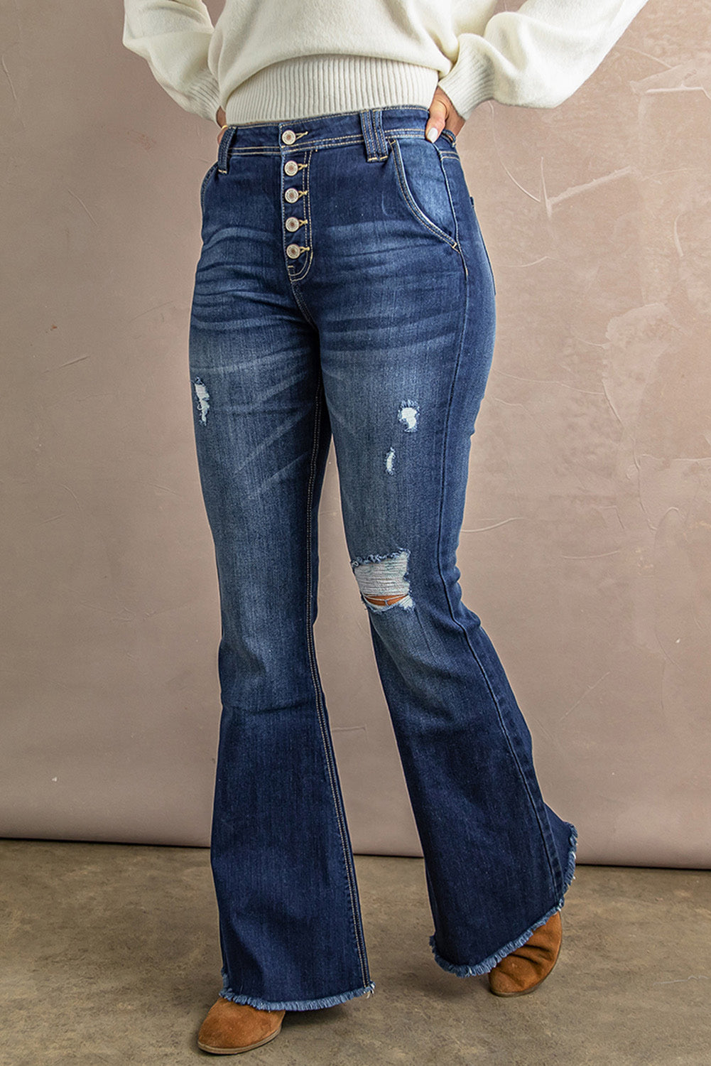 Raw Hem Distressed Button Fly High Rise Flare Jeans