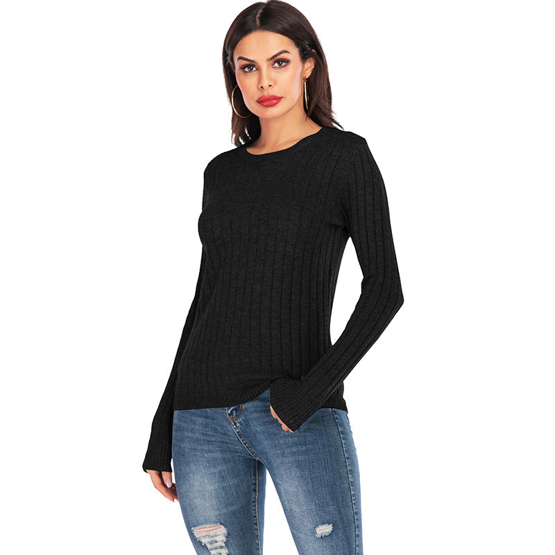 Knitted Pullover Bottoming Shirt Pure Color Tight Stretch Sweater Long-sleeved Women Blouse