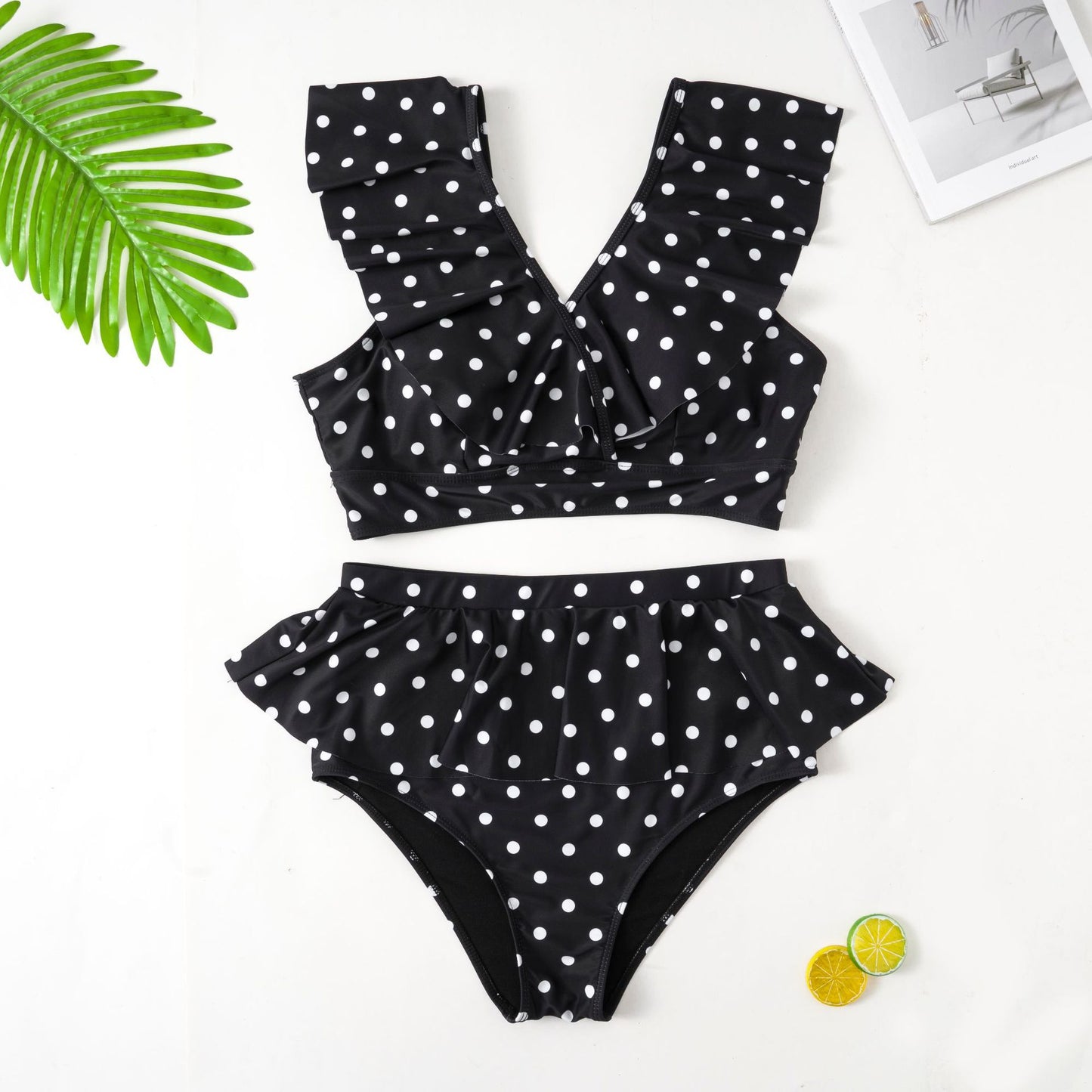 Kvinnor Polka Dot Printed Bikinis Set Sexig V-hals Volanger Baddräkt 