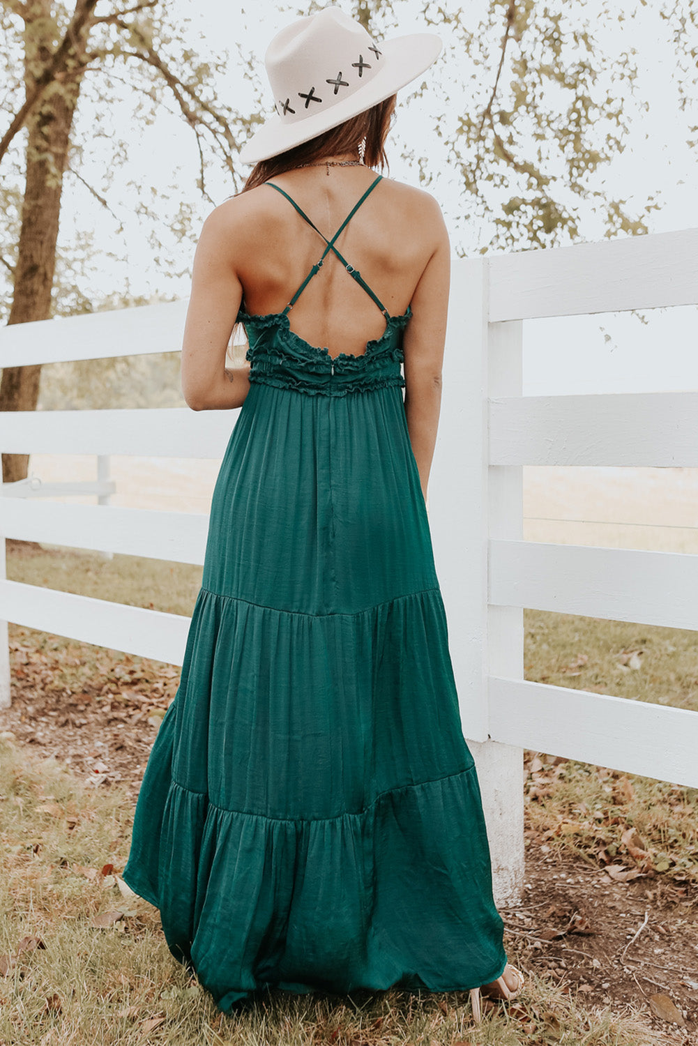 Green Cross Back Frilled Sleeveless Tiered Maxi Dress