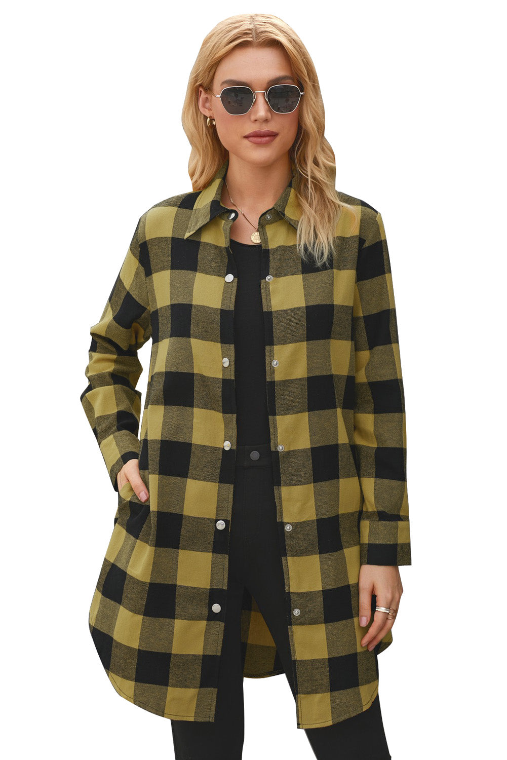 Yellow Turn-down Collar Plaid Shirt Coat