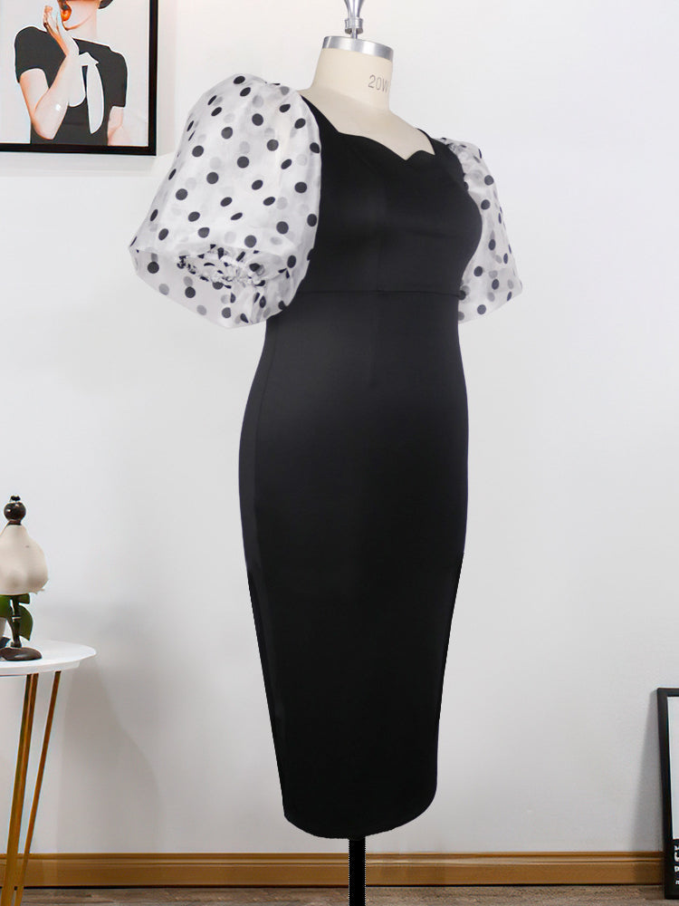 Black Dress Women Plus Size Office Lady Dot Short Puffl Sleeve Outfits